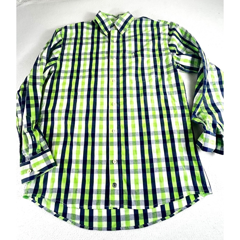 FX Fusion Mens Lime Green Navy‎ Blue Plaid Button Down Shirt Size M Long Sleeve
